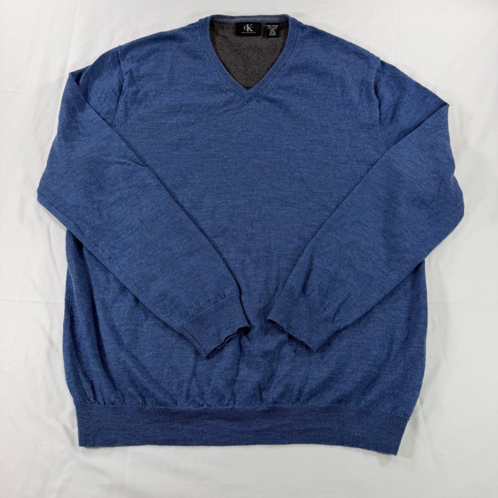 Calvin Klein Mens XXL Blue Extra Fine Merino Wool V-Neck Sweater RN 36543